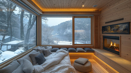 very small and cozy modern cabin bedroom fireplace window night view,