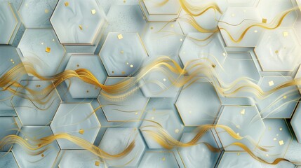 Wall Mural - Textured hexagons on a wall, enriched with tidewater stains and gold powder swirls for a luxurious abstract effect.