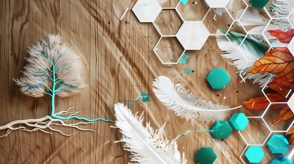Poster - Artistic oak and white lattice background with feathers, a colorful tree, and blue hexagons.