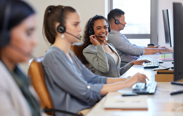 Wall Mural - Portrait, woman and colleagues in a call center office for customer service, consulting and business crm. Female advisor and staff, inbound telemarketing and microphone to listen, help and support
