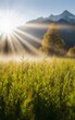 © lastfurianec - A serene, beautiful morning. A lush green meadow bathed in the golden light of the rising sun. The sun's rays gently break through the fog, creating a dreamy atmosphere.