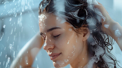 Woman washing hair with shampoo in shower with hair care. Girl uses rinsing shampoo and balm