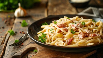 Canvas Print - A mouth-watering serving of Penne carbonara, perfectly cooked and presented on a rustic wooden table