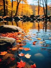 Poster - A beautiful autumn scene with a river and rocks. The water is calm and the leaves are floating on top of it