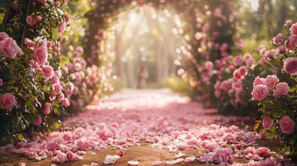 Aufkleber - A beautiful archway of pink flowers with a woman walking through it