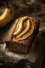 Wall Mural - A banana loaf with banana slices on top. The loaf is on a wooden surface. Concept of warmth and comfort, as the banana slices add a touch of sweetness and natural appeal to the bread