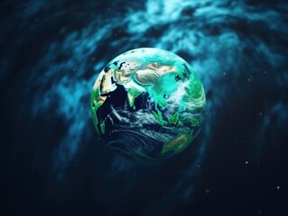 Wall Mural - a blue and green planet with a white spot on it. the planet is surrounded by a dark blue sky
