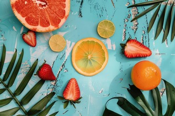 Wall Mural - A blue background with a variety of fruits including oranges, strawberries, and limes. The fruits are arranged in a way that they look like they are on a table