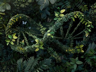 Poster - A leafy green forest with a DNA strand growing out of it. The DNA strand is surrounded by leaves and branches, and there are butterflies flying around it. Concept of growth and life