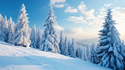 Wall Mural - A snowy landscape with a few trees in the background. The trees are covered in snow and the sky is clear. The scene is peaceful and serene, with the snow-covered ground