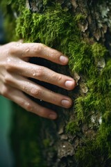 Sticker - A hand is touching a tree with green moss on it