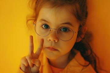 Wall Mural - A young girl wearing glasses is holding a peace sign. Concept of innocence and peace, as the child is making a gesture of goodwill