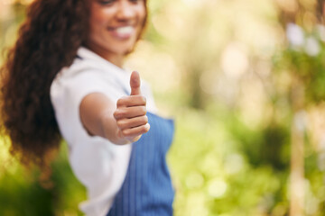 Canvas Print - Portrait, nursery owner and woman with thumbs up, nature and feedback for service with support, promotion or agreement. Face, person or entrepreneur with hand gesture, review for startup or like sign