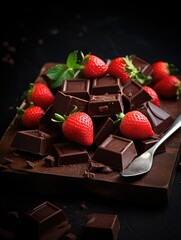 Poster - A wooden board with chocolate and strawberries on it. The chocolate is in the form of squares and the strawberries are in the form of small clusters. The board is placed on a dark surface