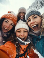 Wall Mural - Four women wearing hats and smiling for a picture. Scene is happy and cheerful