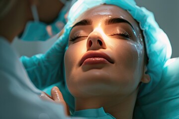 Wall Mural - A woman is getting her face done in a hospital. The woman is wearing a blue surgical mask and a blue gown. The woman is smiling and she is relaxed