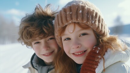 Wall Mural - Two children wearing hats and smiling for the camera. Scene is happy and cheerful