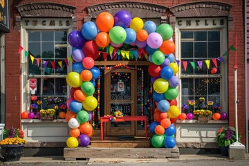 Wall Mural - A festive storefront decorated with balloons and banners announcing a grand opening or special sale.