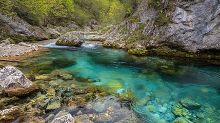 Wall Mural - A river with a blue color and rocks in the background. The water is clear and calm. The scene is peaceful and serene