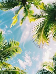 Wall Mural - A palm tree is shown in the foreground with a blue sky in the background. The palm tree is surrounded by other palm trees, creating a lush, tropical atmosphere. Concept of relaxation and tranquility