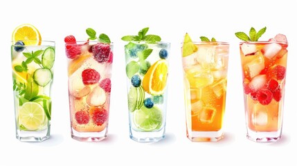 Wall Mural - A row of five different colored drinks with fruit garnishes. The drinks are in tall glasses and are filled with ice