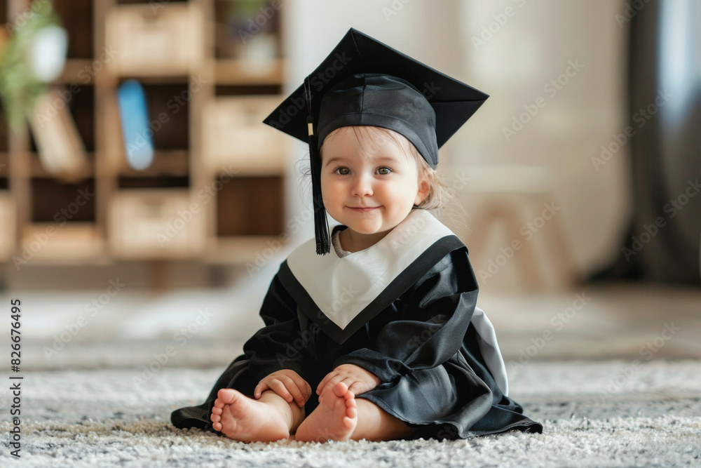 Baby girl in a graduation cap and gown sitting on a rug with a ...