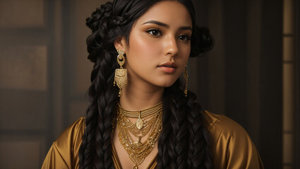 picture of a young woman with long, dark curly hair. She is wearing a gold headpiece and gold jewelry. 