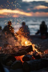 Wall Mural - A fire is burning on a beach, with people sitting around it. The fire is surrounded by logs and the people are enjoying the warmth and the view of the ocean. Scene is relaxed and peaceful