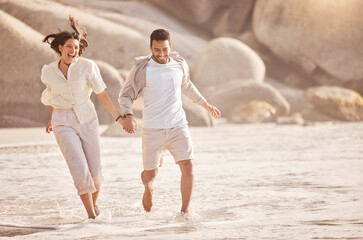 Poster - Running, happy couple and holding hands at beach on vacation, summer holiday or travel outdoor together. Laugh, man and woman at sea for love, support and connection for romantic relationship on date