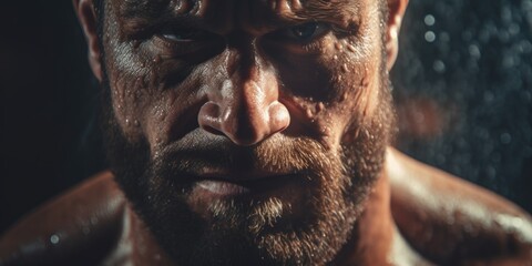 Poster - A man with a beard and sweat on his face. He looks angry and tired. Concept of exhaustion and frustration