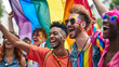 © Thitiporn - Joyful Participants at LGBTQ+ Pride Parade with Rainbow Flags Celebrating Love, Diversity, and Equality