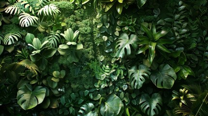 Wall Mural - Lush and Verdant Tropical Foliage Backdrop for Wellness,Sustainability,and Biophilic Design This dense,thriving jungle-like scene features a diverse array of tropical plants,ferns,and leaves in a