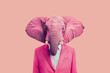 © ADDICTIVE STOCK - Elephant head on human body dressed in a pink suit. Generative AI image