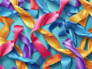 Wall Mural - A bunch of colorful ribbons are arranged in a pattern. The ribbons are of different colors and sizes, and they are all twisted and curled up. Scene is playful and whimsical