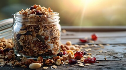 Wall Mural - A jar of granola with nuts and berries on a wooden table. The granola is a mix of oats, nuts, and berries, and it looks delicious and healthy