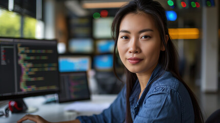 asian woman with long hair sitting at her desk in front of multiple computer screens, coding and wri