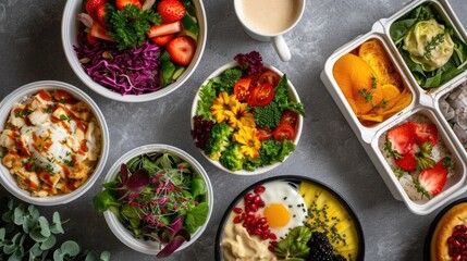 Poster - A variety of colorful salads and bowls of food are arranged on a table. Scene is inviting and healthy, as the food is fresh and colorful