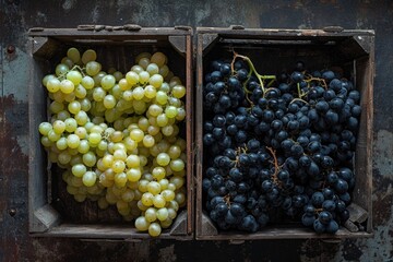 Wall Mural - Two wooden crates of grapes, one with green grapes and the other with black grapes. The crates are placed next to each other, and the grapes are arranged in a way that they are visible from both sides