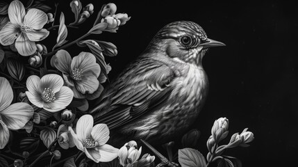 Wall Mural - A black and white bird is perched on a flower. The image has a serene and peaceful mood, as the bird is surrounded by delicate flowers