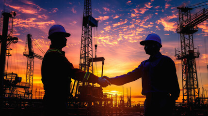 Two workers in safety helmets shaking hands at an industrial site with silhouetted oil rigs and cranes against a vivid sunrise or sunset.