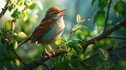 Wall Mural - A bird is perched on a branch in a lush green tree. The bird is singing, and the image conveys a sense of peace and tranquility