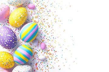 Wall Mural - A colorful arrangement of painted eggs with sprinkles on a white background. The eggs are in various colors and sizes, and the sprinkles add a festive touch to the scene