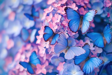 Wall Mural - A group of blue butterflies are flying around a pink flower. Concept of freedom and beauty, as the butterflies flutter around the flowers in a natural setting