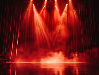 A stage with red curtains and lights and smoke