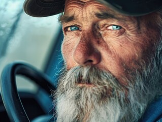 Wall Mural - A man with a beard and a hat is driving a car. He has blue eyes and a serious expression
