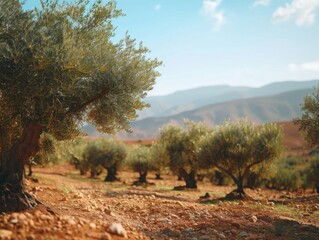 A field of olive trees with a clear blue sky in the background