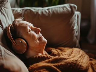 Poster - A woman is laying on a couch with headphones on her ears. She is wearing a brown sweater and she is relaxed