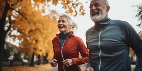 Wall Mural - A couple of older people are running in the park. They are smiling and enjoying their time together