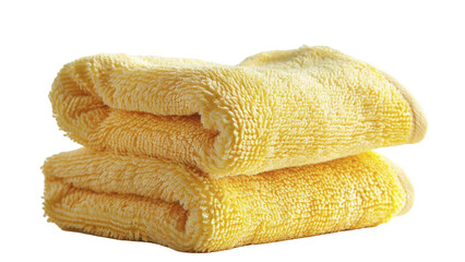 A stack of two folded yellow towels on a light background, likely indicating freshly laundered bath linens or a depiction of domestic cleanliness.