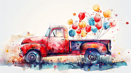 Wall Mural - Watercolor truck with flowers and balloos, celebrating concept